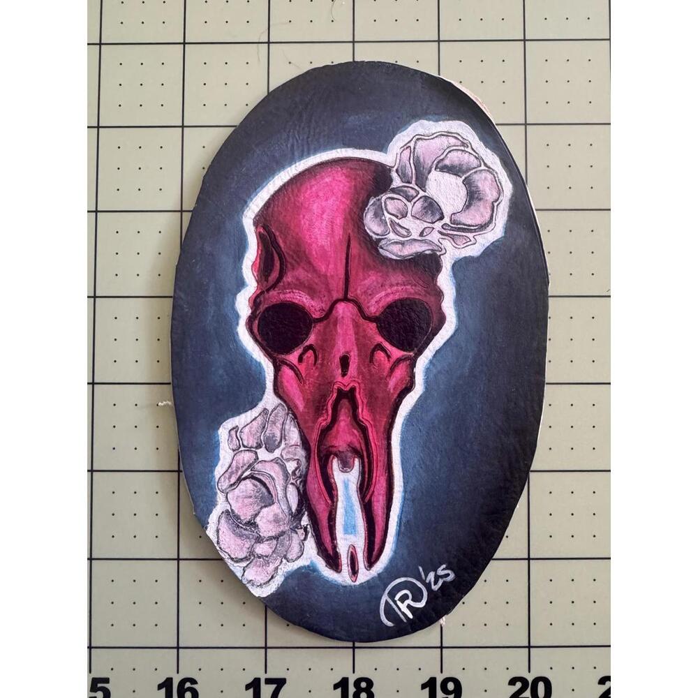 hand painted uv reactive bird skull leather patch gothic surreal one of one